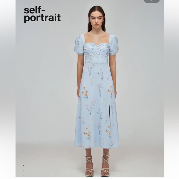 SELF-PORTRAIT Floral Watercolour Crepe Midi Dress - Picture 7 of 11